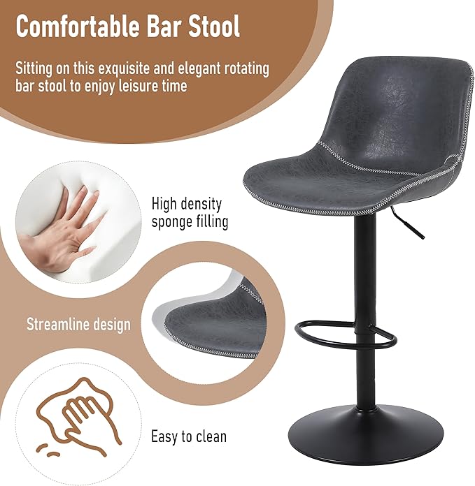 Bar Stools, Swivel Counter Height Barstools with Back, Adjustable Modern Bar Chairs, Tall Armless PU Leather Kitchen Island Stool (Black 02, Set of 4)