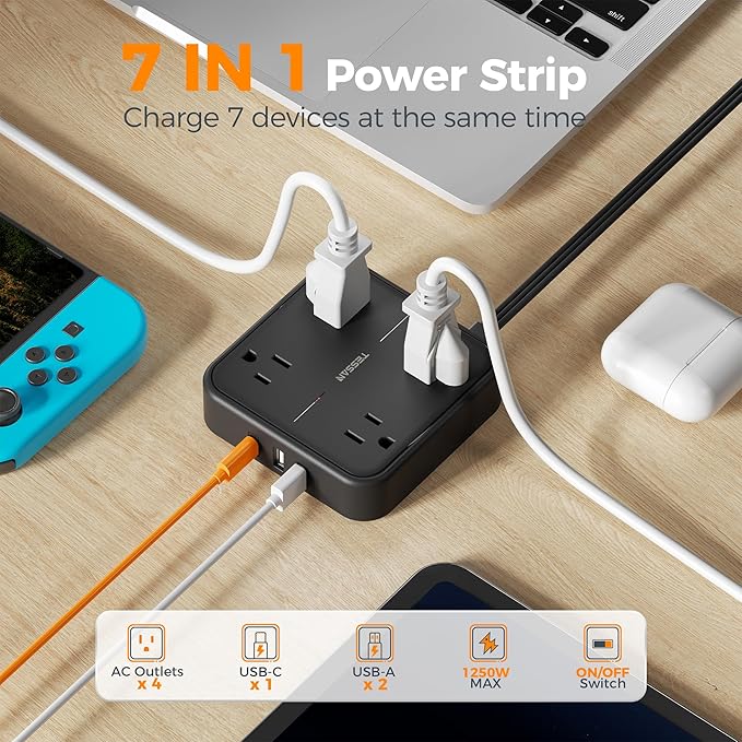 Surge Protector Flat Extension Cord 15FT, TESSAN Flat Plug Power Strip with 4 Outlets 3 USB C Ports (1 USB C), 900 Joules Protection, Multiple Wall Outlet Extender Suitable for Home Office Dorm, Black