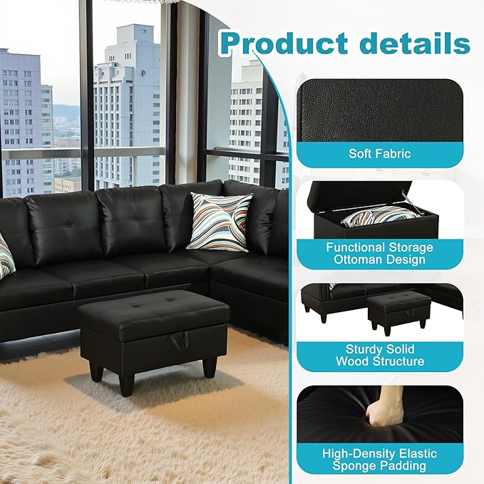 Couches for Living Room Faux Leather L Shaped Couch Comfy 3 Pieces Sectional Sofa with Chaise, Ottoman with Storage for Office and Small Apartment, Classic Black