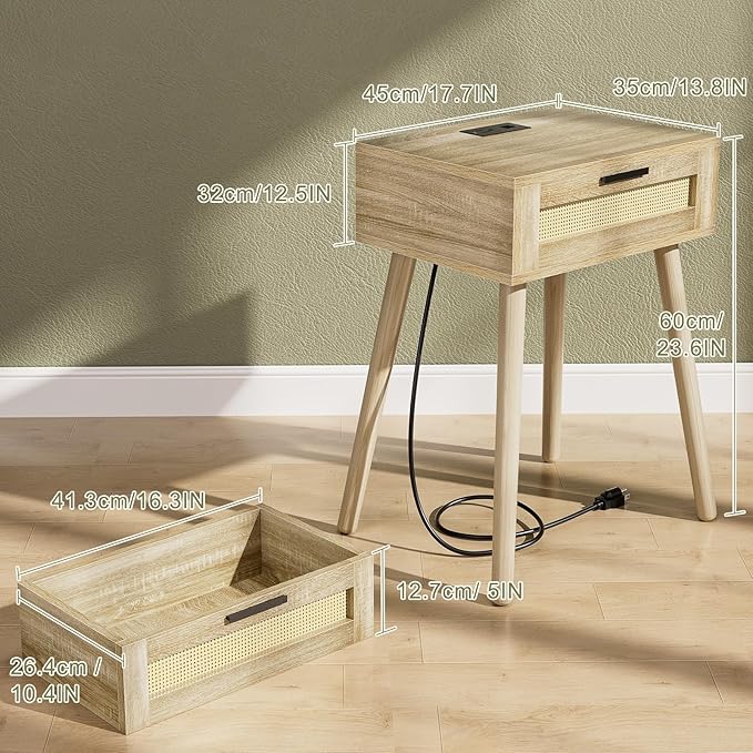 HAIOOU Nightstand with Charging Station Rattan Drawer, Mid Century Modern Side Table, End Beside Table with Pine Wood Legs Storage for Bedroom Living Room