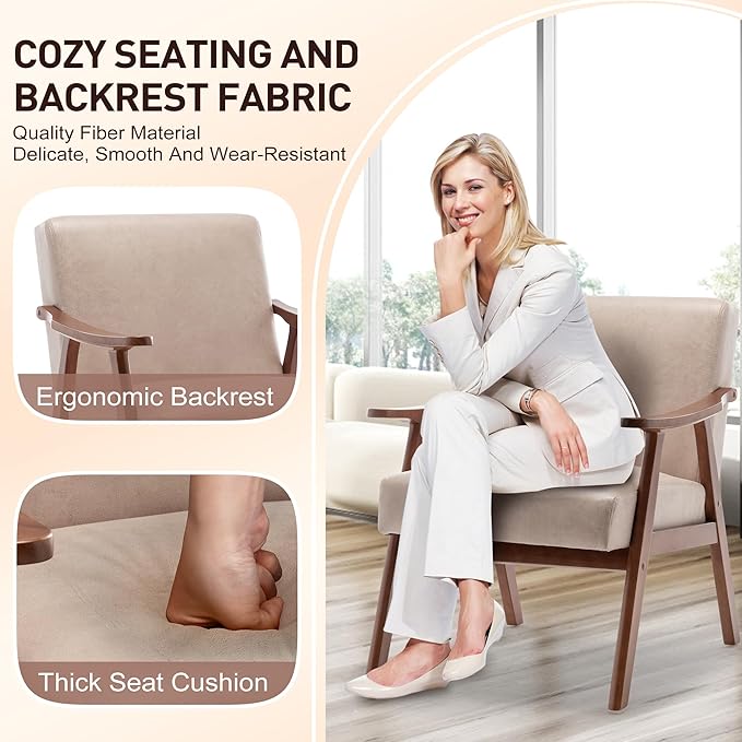 KEIKI Mid Century Modern Accent Chair w/High Wingback,Comfy Fabric Living Room Chairs with Solid Wood Frame, Lounge Reading Armchair, Easy Assembly, Light Camel