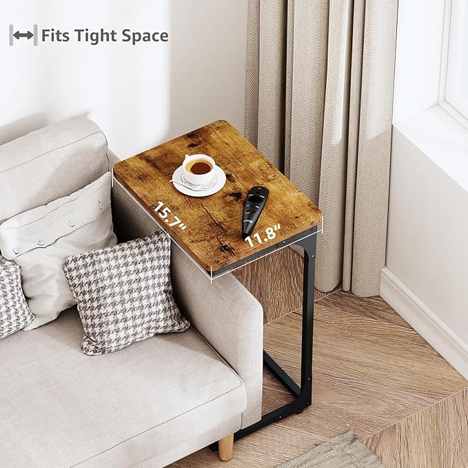 QEEIG C Shaped Side Table Set of 2 Living Room Sets Couch Tray Tables Small Farmhouse 15.7 inch Width, Rustic Brown (017-40BN)
