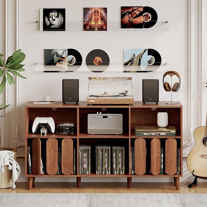 Large Record Player Stand, Record Player Table Vinyl Record Storage Holder Records Cabinet Organizer with Power Outlet for Living Room, Walnut