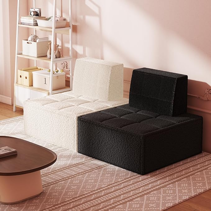 Modular Sherpa Sofa Chair, Cozy Floor Lounge Seating, No Armrests, Small Sofa for Small Spaces, Reading Nook, or Apartment Living, Single, Black
