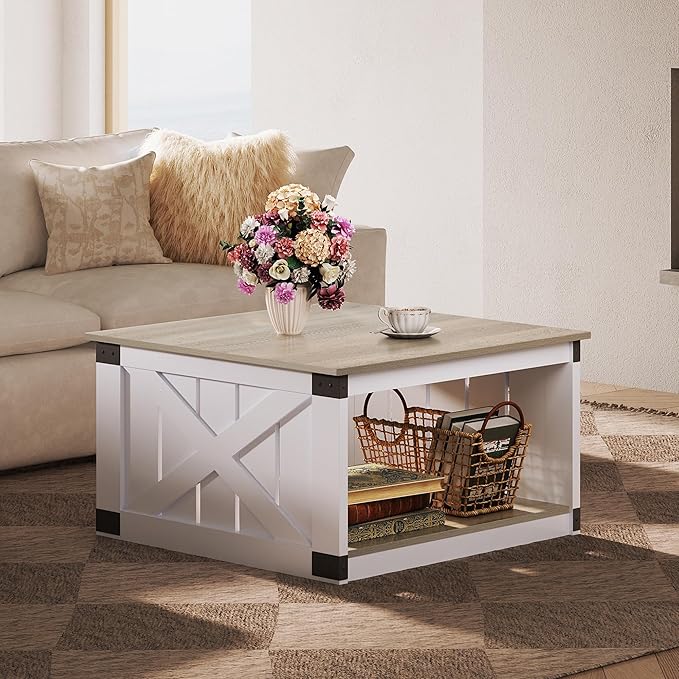 WLIVE Coffee Table, Farmhouse Coffee Table with Open Storage, 31.5" Wood Square Living Room Tables, Rustic Dining Cocktail Center Table for Living Room, Grey & White