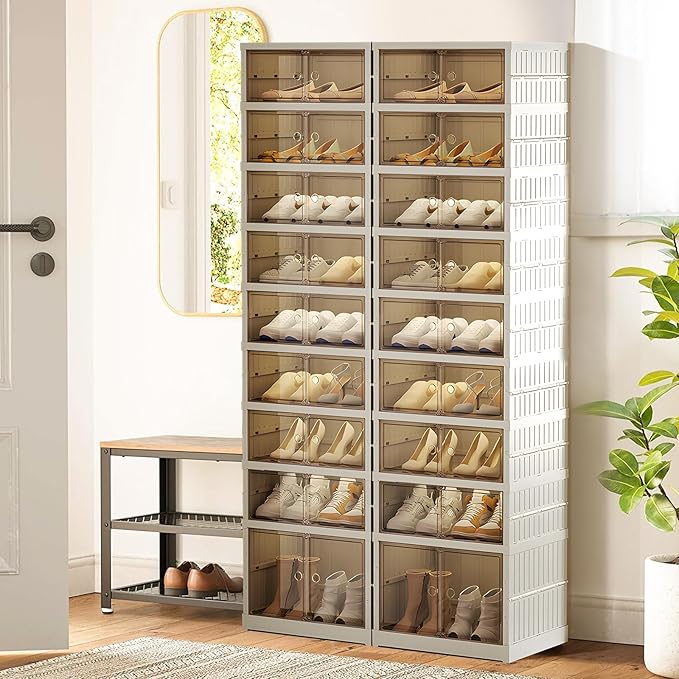 ELPHECO 9 Tier 36 Pairs Large Shoe Rack Organizer - Foldable Sneaker Cabinet Bins, Stackable Shoe Storage Shelf, Collapsible Shoe Cabinet with Double Doors for Entryway