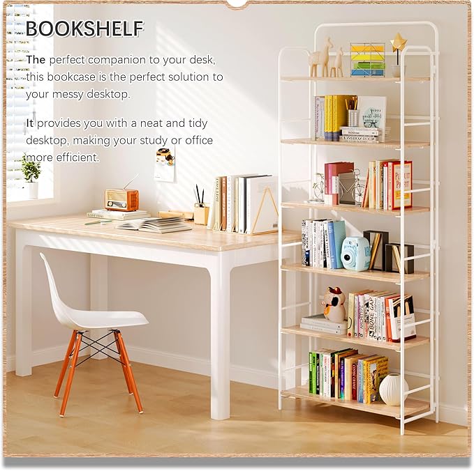 4NM No Assembly Folding Bookshelf 6 Tiers Vintage Industrial White Book Shelf Metal Foldable Storage Bookcase and Bookshelves for Living Room,Bedroom and Kitchen - Natural