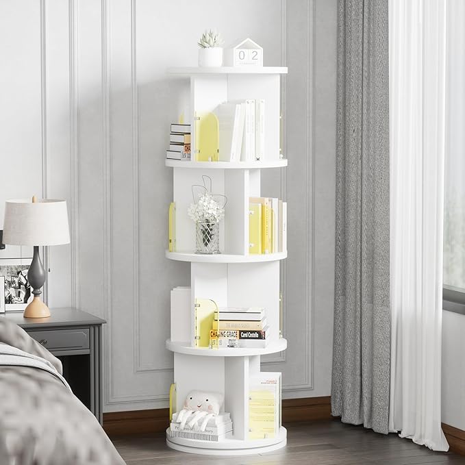 VECELO Rotating Bookshelf Tower, 360°Revolving Bookcase, Round Book Shelf Rotating, Stackable Storage Display Rack Floor Standing for Kids&Adults Solid Wood, White