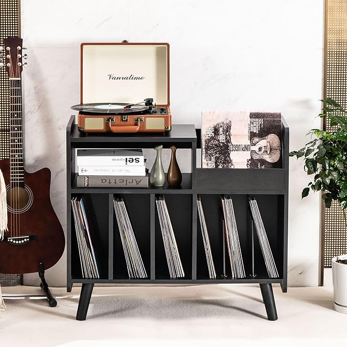 Record Player Stand, Large Record Player Table Cabinet with Open Vinyl Storage and Display Shelf Holds up to 350 Albums, Mid Century Wood Turntable for Living room