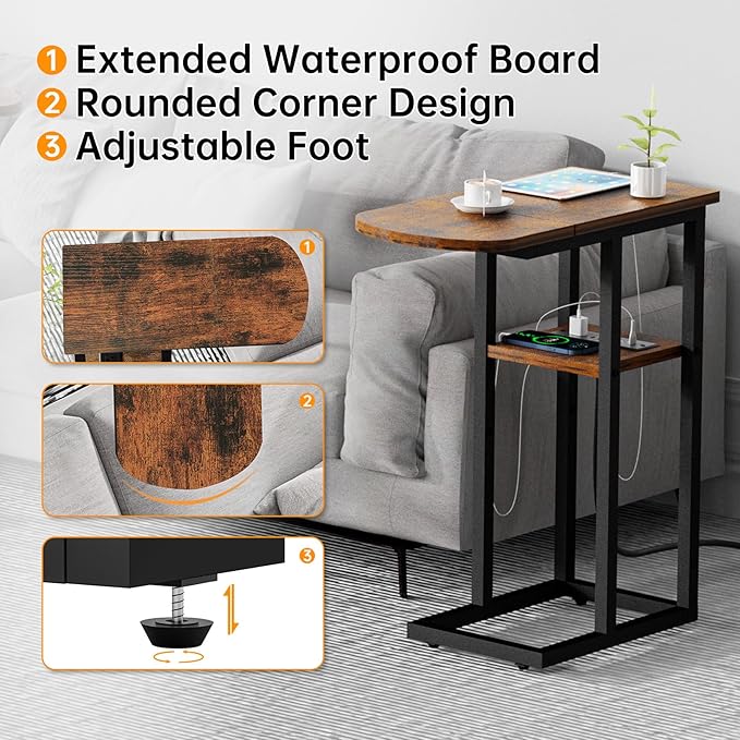 C Shaped End Table with Charging Station, Side Table for Living Room & Bedroom, Couch Laptop Table with USB Ports & Type-C Fast Charging Port, Snack Tray Table for Couch & Bed