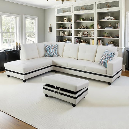 NicBex Sectional Couch 3 Pieces Sofa Set with Right Chaise PU Synthetic Leather L Shaped Cloud Couch for Living Room Furniture Sets with Storage Ottoman, Modular Sofa for Apartment, White+Black
