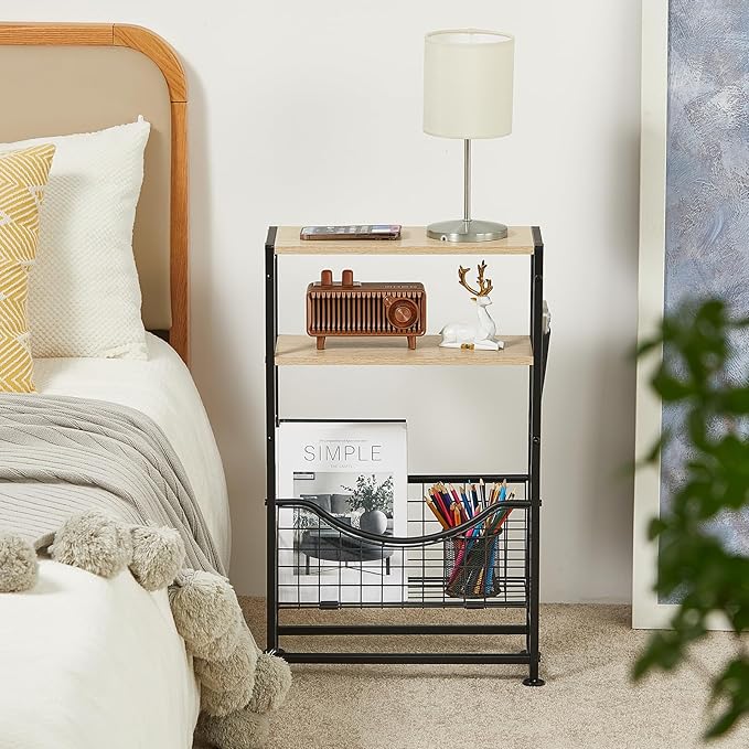 Narrow Side Table, Skinny Small End Tables with Magazine Holder, 3 Tier Small Sofa Side Table for Smalls Spaces, Sofa Couch Tables Bedside Table for Living Room Bedroom Office