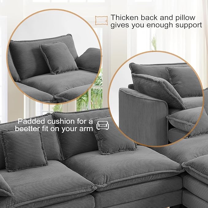 Furniliving Oversized Accent Chair with Ottoman, Luxury Corduroy Single Sofa, Upholstered Deep Seat Chaise Lounge with Pillows for Living Room, Bedroom, Apartment, Grey