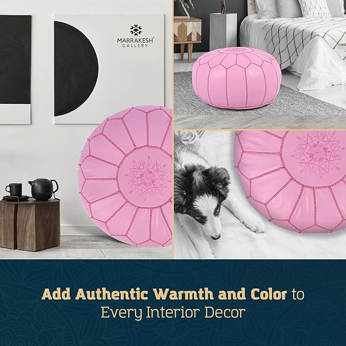 Marrakesh Gallery Genuine Leather Round Pouf Unstuffed - Moroccan Ottoman Footstool, Footrest Cover - Boho Decor - Bohemian Living Room, Bedroom, Kids Room, Gift & Wedding