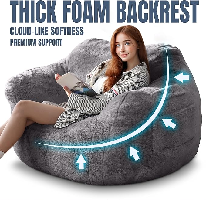 Large Bean Bag Chairs for Adults - Oversized Memory Foam Filled Bean Bag Sofa | Fluffy Adult Bean Bag Chair, Big Bean Bag Chairs for Living Room, Bedroom & Dorm - Dark Gray
