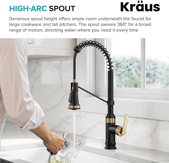 KRAUS Allyn Commercial Style 2-Function Single Handle Pull Down Kitchen Faucet in Spot-Free Brushed Brass/Matte Black, KPF-4110BBMB