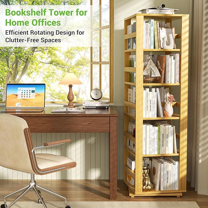 Homykic Rotating Bookshelf, Bamboo 360 Display Spinning Bookshelf Tower, 5-Tier Small Corner Bookcase for Small Spaces, Narrow Revolving Book Shelf Organizer Rack for Home Office, Natural