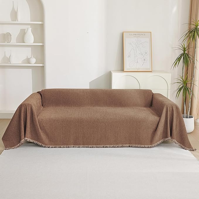MYSKY HOME Loveseat Cover Camel Couch Cover Sectional Couch Covers for 2 Cushion Couch Sofa Thick Universal Chenille Sofa Cover with Tassel Durable Furniture Protector for Dogs 91" x 118"