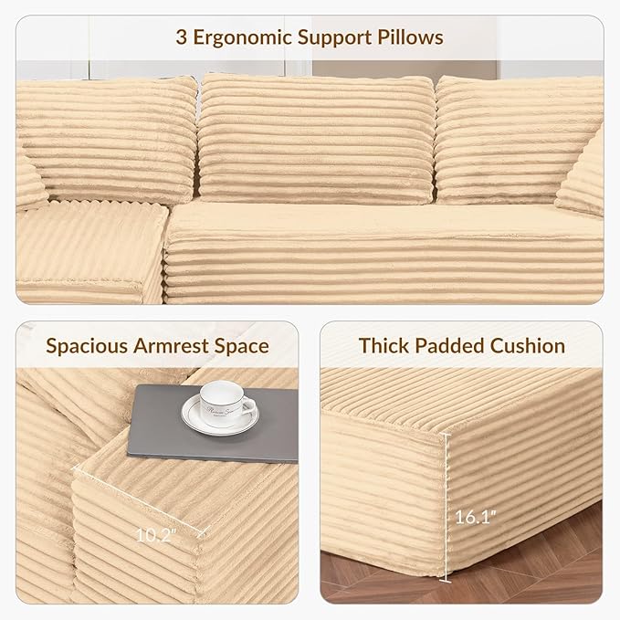 COMHOMA 105”Modular Sectional Sofa with Deep Seat,Cloud Upholstered L-Shape Couch Wide Arms Corduroy Fabric High-Density Foam Chaise Lounge for Living Room No Assembly Required