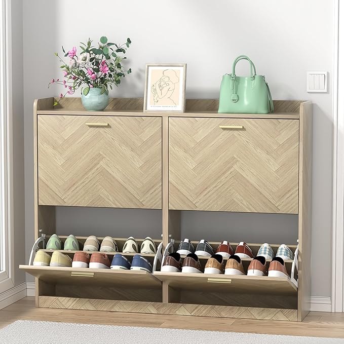 47" Large Shoe Cabinet with 4 Flip Drawers, Freestanding Shoe Storage Cabinet for Entryway, Hidden Shoe Cabinet Organizer with Adjustable Shelf, Narrow Shoe Rack for Entryway, Hallway, Oak