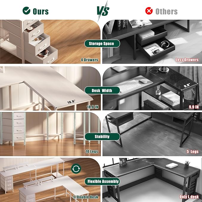 59 inch L Shaped Computer Desk with Power Outlets, Home Office Desk with 4 Adjustable Storage Drawers & 2 Monitor Stands, Two Person Gaming Table for Bedroom, White