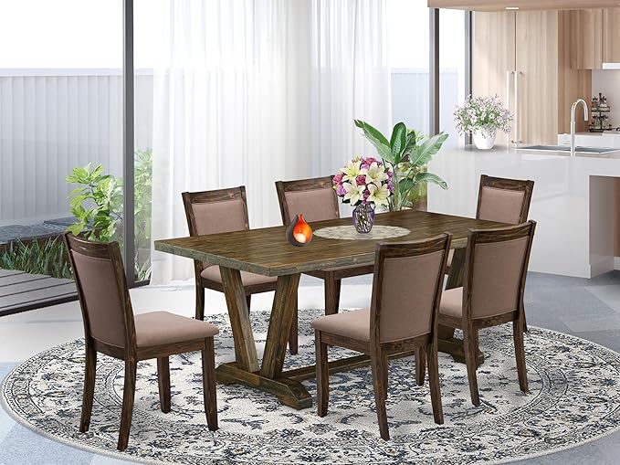 East West Furniture V777MZ748-7 7 Piece Modern Dining Table Set Consist of a Rectangle Wooden Table with V-Legs and 6 Coffee Linen Fabric Upholstered Chairs, 40x72 Inch, Multi-Color