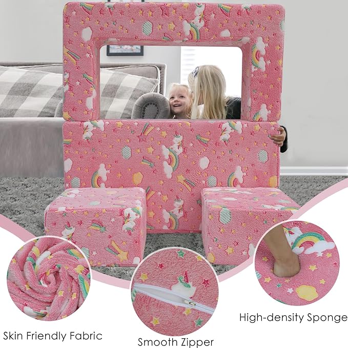 MeMoreCool Modular Kids Sofa,Toddler Play Couch Fold Out for Playroom, Glow in Dark Convertible Plush Unicorn Foam Chair for Baby Childrens