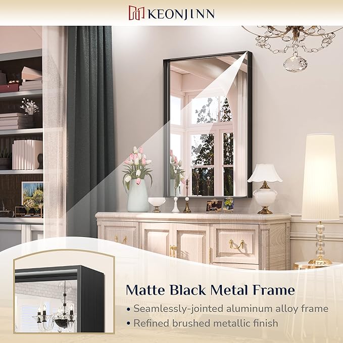 Keonjinn Black Bathroom Mirror 24 x 36 Inch Rectangular Wall Mirror Brushed Metal Frame Black Mirror Modern Farmhouse Mirror, Framed Rectangle Bathroom Mirror for Over Sink(Horizontal/Vertical)