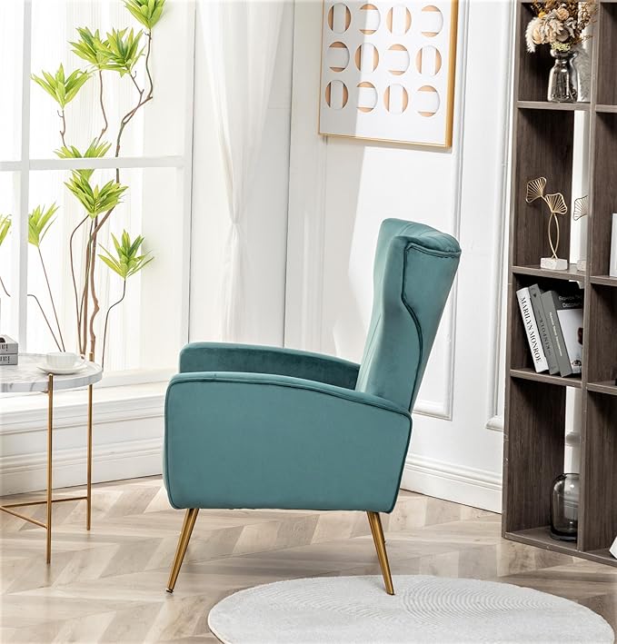 Container Furniture Direct Modern Velvet Accent Chair, Channel Tufted Bedroom, Office or Living Room Furniture with Elegant Metal Legs, 26" Wide Armchair, Teal