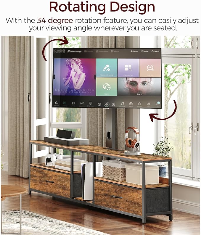 TV Stand with Mount for up to 75", Entertainment Center with Switch-Controlled Charging Station, Swivel TV Stand Mount with Fabric Drawers, for Living Room, Rustic Brown TVHR154E01N1