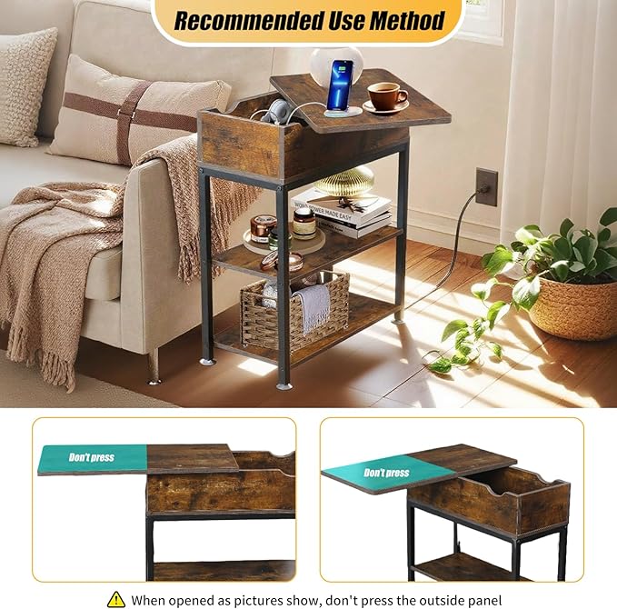 Rotating Top End Table with Charging Station, Side Table with USB Ports and Outlets, 24" W x 12" D x 27" H, Rotating End Table with Storage, Couch Side Tables, Narrow Table Living Room, Bedroom