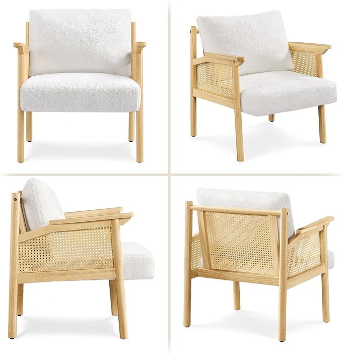 Yaheetech Accent Chair, Boucle Vanity Chair with Rattan Back Arms, Mid Century Chair Upholstered Living Room Chair Lounge Chair Bedroom Balcony White