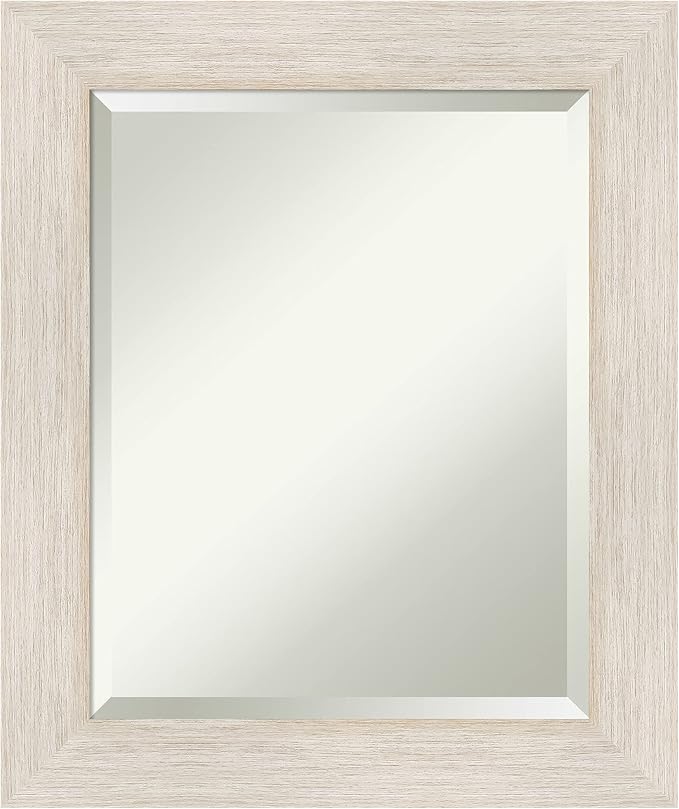 Amanti Art White Bathroom Mirror for Over Sink, 25x21 Hardwood White Wash Rectangle Vanity Mirror, Small Rustic Farmhouse Wood Frame, Hangs Horizonally and Vertically, Bathroom Wall Decor, Beveled