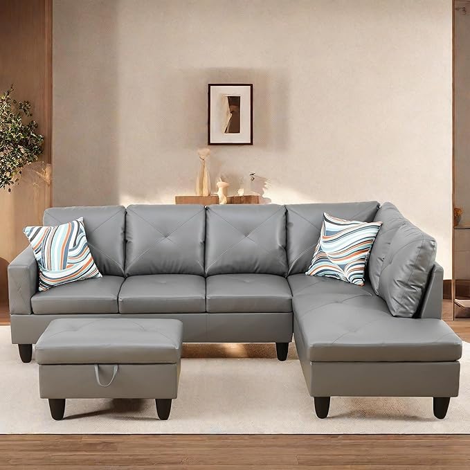 L Shaped Sectional Couches, Leather Modular Sectional Sofa with Ottoman Storage, Modern Lounge Sofa with Chaise for Living Room, Bedroom, Small Spaces, Gray