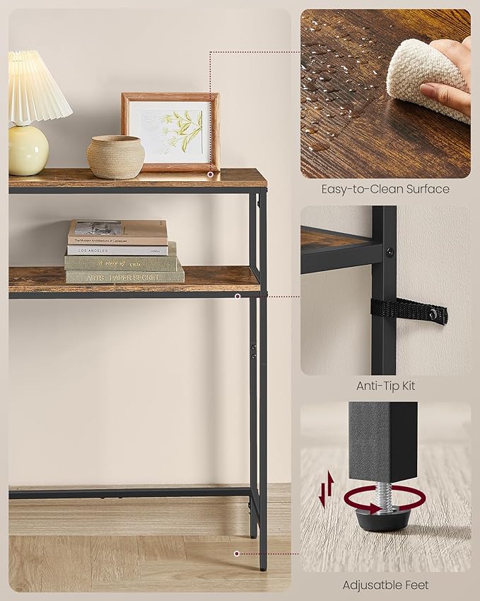 VASAGLE Console Table with Power Outlet, 2-Tier Narrow Sofa Table with 2 Shelves, 7.9 x 31.5 x 31.5 Inches, for Living Room, Hallway, Entryway, Rustic Brown and Ink Black ULNT135K01