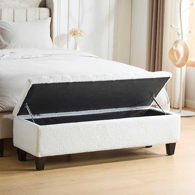 Christopher Knight Home Ottilie Boucle Fabric Storage Ottoman Bench, Wooden Rectangular Ottoman with Storage, Bedroom End of Bed Foot Stool, Entryway Ottoman Footrest, Living Room Extra Seat, Beige