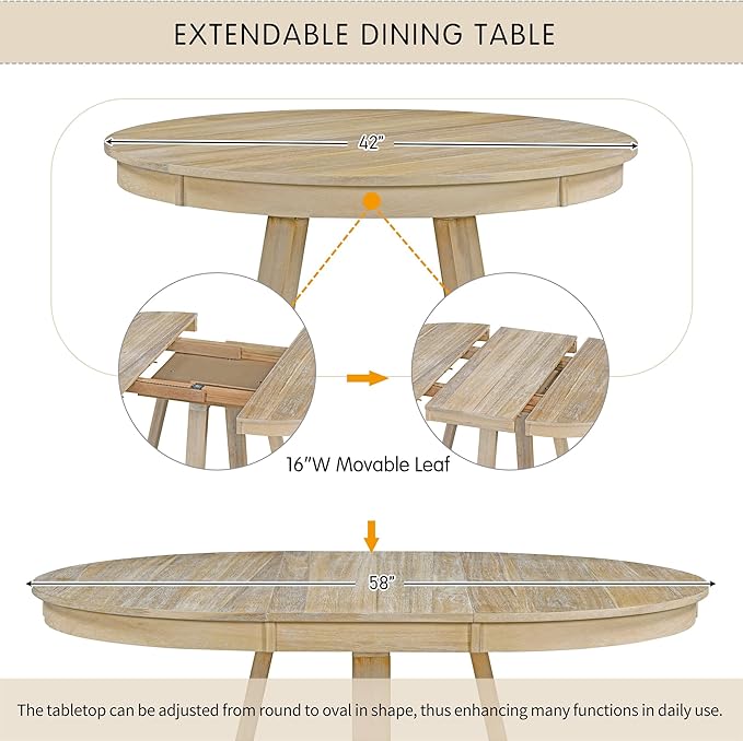 5 Pieces Dining Table Set with 42" Table,Living Room Furniture W/ 4 Upholstered Chairs,Tabletop Can be Adjusted from Round to Oval in Shape,for Restaurant,Home Bistro,Natural