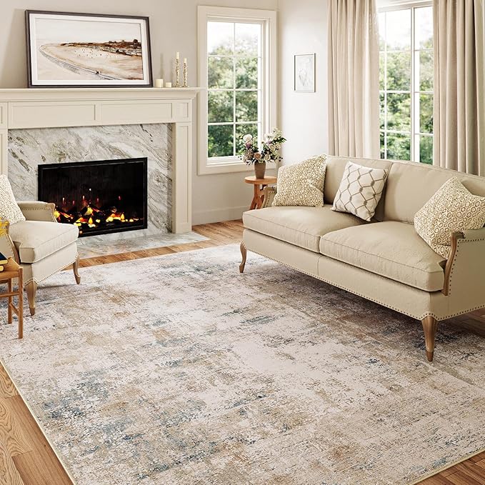 8x10 Washable Area Rug Beige Blue Neutral Abstract Living Room Bedroom Large Throw Rug Non Slip Soft Low Pile Indoor Floor Carpet for Dining Room Kitchen Office Entryway