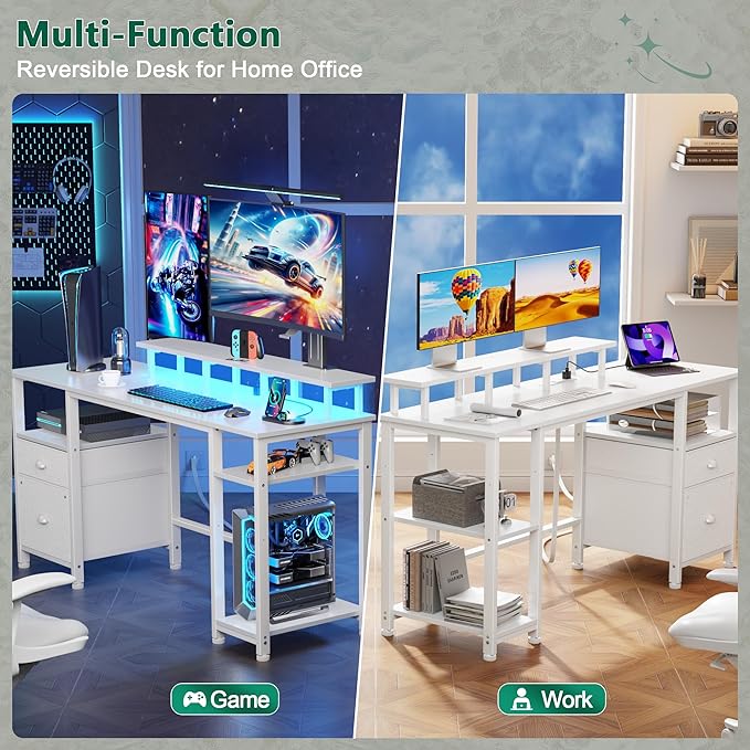Furologee 61" Computer Desk with Power Outlet and LED Lights, Reversible Gaming Desk with File Cabinet & Monitor Stand for Home Office, Large Work Table with Storage Shelves & Drawer, White