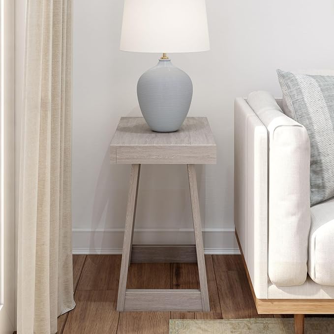 Plank+Beam Classic Rectangular Side Table, 25", Slim Side Table for Living Room, Narrow Nightstand for Small Spaces, Wood End Table for Bedroom, Seashell Wirebrush