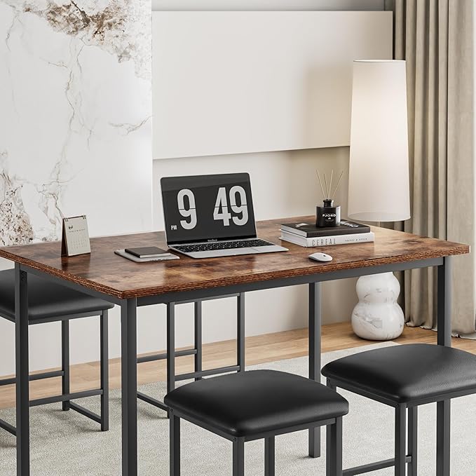 VECELO Kitchen Table and Chairs for 4, Dining Room Set with PU Chairs/Stools, Heavy-Duty Metal Frame, Wooden Tabletop, Space-Saving Design for Small Spaces, Easy Assembly, Rustic Brown