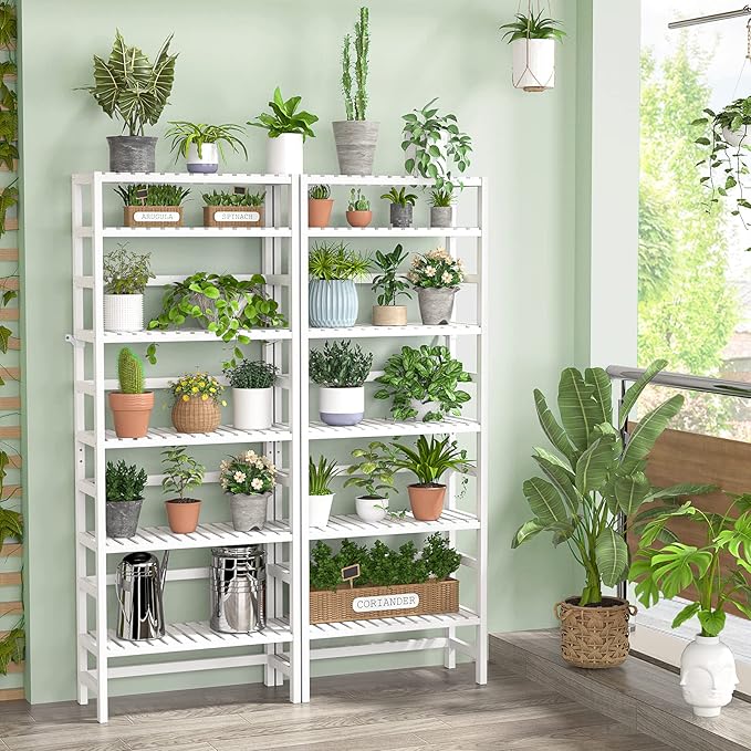 Homykic 6-Tier Bamboo Bookshelves and Bookcases, Adjustable 63.4”Tall Shallow Book Shelf Organizer Rack, Freestanding Storage Shelving Unit for Living Room, Kitchen, Bathroom, Office, White
