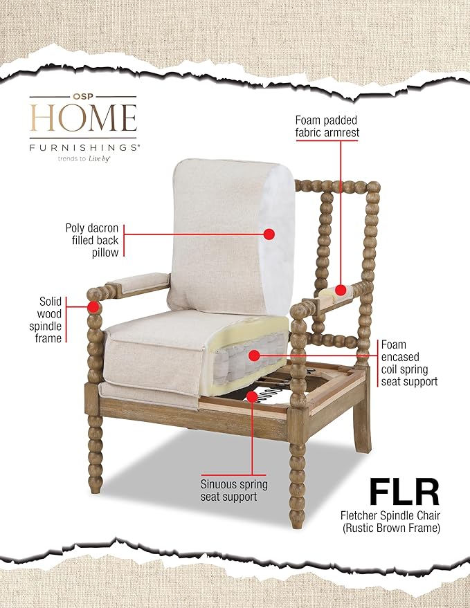 OSP Home Furnishings Fletcher Spindle Accent Chair with Rustic Brown Finish, Charcoal Upholstery