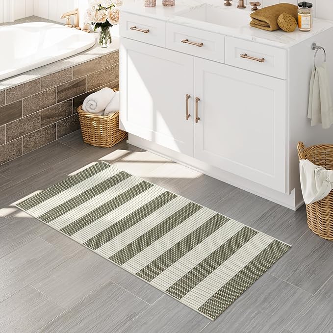OJIA Striped Rug 24"x51" Washable Fall Front Door Mat Halloween Doormat Woven Entry Rug Cotton Indoor Outdoor Rug Small Checkered Rugs for Porch Kitchen Entryway Patio Bathroom (Green/White/Tan)