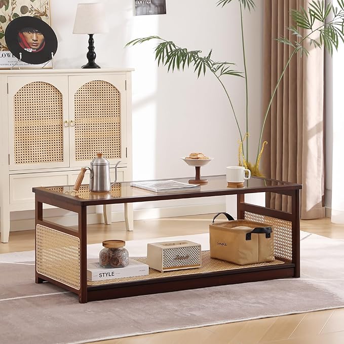 Welnow Rattan Coffee Tables for Living Room, Modern 2-Tier Coffee Table, Mid Century Rectangle Coffee Table with Storage Shelf & Glass Top, Large Boho Center Table for Apartment, Walnut