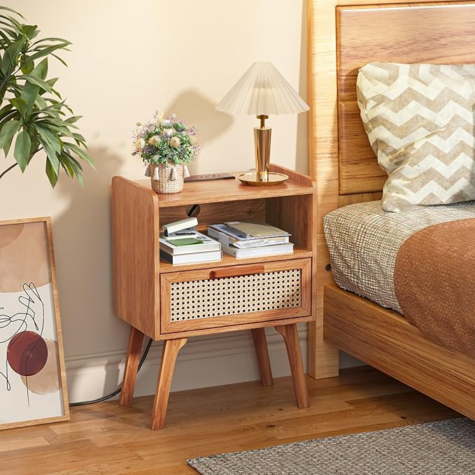 Lerliuo Rattan Nightstands Set of 2 with Charging Station, Side Table with Drawer, Cane Accent Bedside End Table with Solid Wood Legs, Night Stand for Bedroom, Dorm and Small Spaces (Tea Brown)