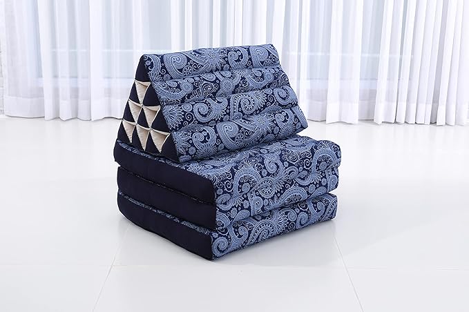 Leewadee - Comfortable Japanese Floor Mattress - Thai Floor Bed with Triangle Cushion - Futon Mattress - Thai Massage Mat, 67 x 21 inches, Blue White, Kapok Filling