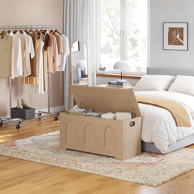 DINZI LVJ Storage Chest, 39.4”Wooden Storage Box with 2 Safety Hinges, Entryway Shoe Bench with Flip-Top, Trunk for Living Room, Bedroom, Easy Assembly, Natural