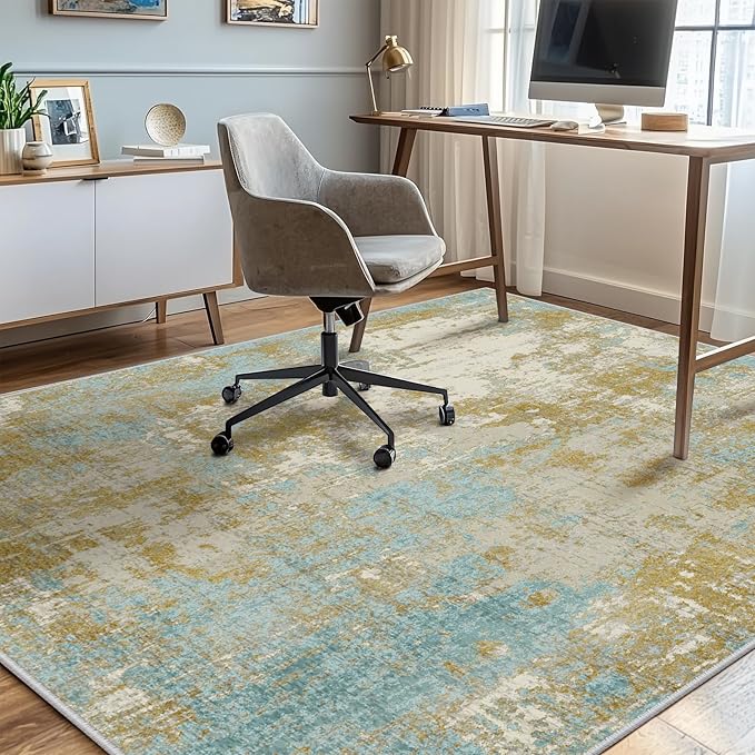 Washable Area Rugs 5'x7' Non-Slip Modern Abstract Soft for Living Room Entryway Bedroom Nursery, Print Pattern, Teal Blue Taupe