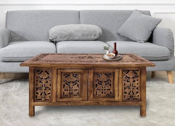 Lightnpro Handmade Wooden Coffee Table - Pre-Assembled Rectangular Foldable Living Room Centre Table with Magazine & Paper Storage, Space-Saving Design - 36 Inch Burnt Antique Finish
